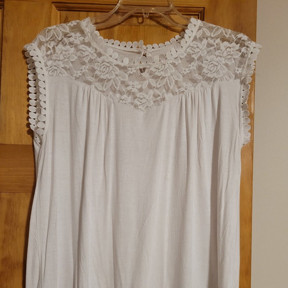 White Lace-Yoke Cap-Sleeve Top